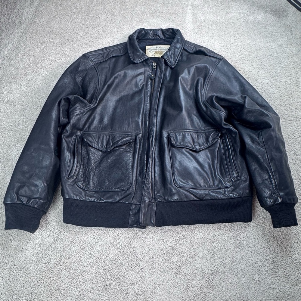Vintage BANANA REPUBLIC SAFARI & TRAVEL Thick Leather Bomber Jacket Black Sz 44 - Picture 11 of 13